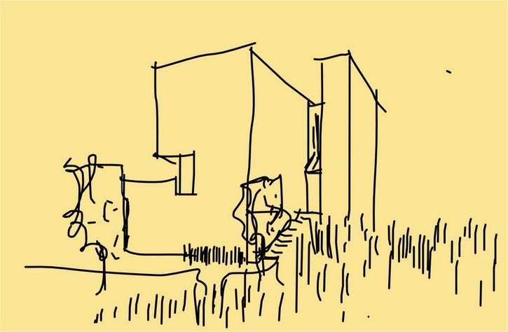 A sketch of C-House, a modern hillside residence in Gordon Square, with its stepped massing, vertical forms, and relationship to the sloping site, emphasizing light, elevation, and connection to the surrounding landscape.